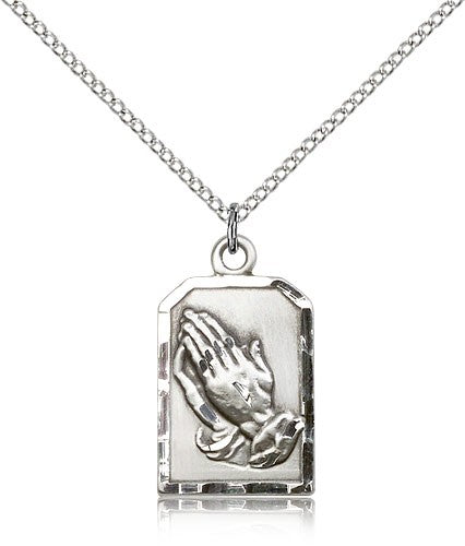 Praying Hands Medal, Sterling Silver - 18&quot; 1.2mm Sterling Silver Chain + Clasp
