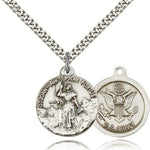 St. Joan of Arc Army Medal, Sterling Silver - 24&quot; 2.4mm Rhodium Plate Endless Chain