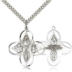 4 Way Cross Pendant, Sterling Silver - 24&quot; 2.4mm Rhodium Plate Endless Chain