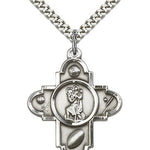 Sports 5 Way Cross St Christopher Medal, Sterling Silver - 24&quot; 2.4mm Rhodium Plate Endless Chain