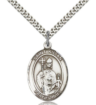 St. Kilian Medal, Sterling Silver, Large - 24&quot; 2.4mm Rhodium Plate Chain + Clasp