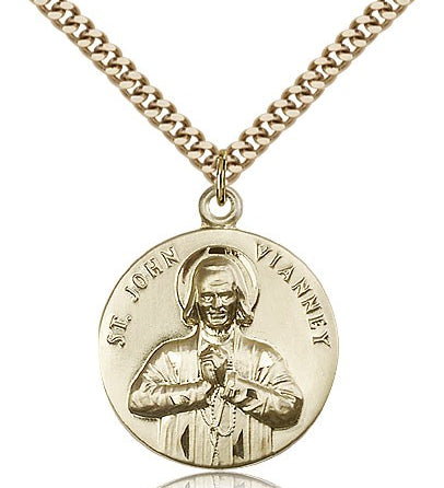 St. John Vianney Medal, Gold Filled - 24&quot; 2.4mm Gold Plated Endless Chain
