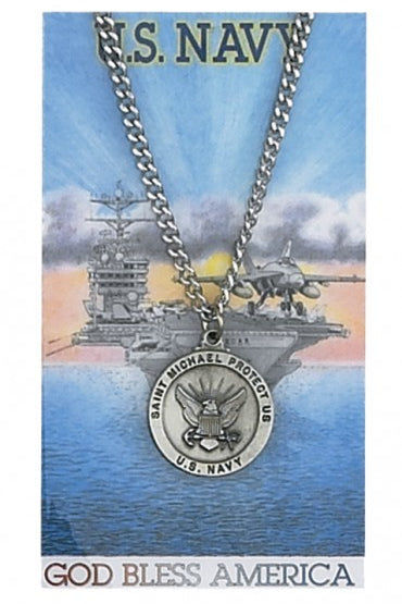 Round St. Michael Navy Medal and Prayer Card Set - Silver-tone