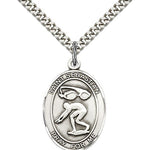 St. Sebastian Swimming Medal, Sterling Silver, Large - 24&quot; 2.4mm Rhodium Plate Chain + Clasp