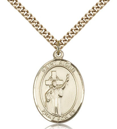 St. Aidan of Lindesfarne Medal, Gold Filled, Large - 24&quot; 2.4mm Gold Plated Chain + Clasp