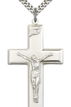 Crucifix Pendant, Sterling Silver - 24&quot; 2.4mm Rhodium Plate Endless Chain