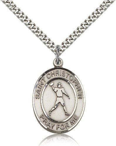 St. Christopher Football Medal, Sterling Silver, Large - 24&quot; 2.4mm Rhodium Plate Chain + Clasp