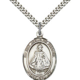 Infant of Prague Medal, Sterling Silver, Large - 24&quot; 2.4mm Rhodium Plate Chain + Clasp