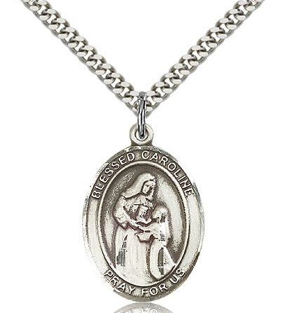 Blessed Caroline Gerhardinger Medal, Sterling Silver, Large - 24&quot; 2.4mm Rhodium Plate Chain + Clasp