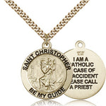 Men's Round 14kt Gold Filled Double Sided St. Christopher Be My Guide Medal - 24&quot; 2.4mm Gold Plated Endless Chain