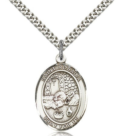 St. Rosalia Medal, Sterling Silver, Large - 24&quot; 2.4mm Rhodium Plate Chain + Clasp