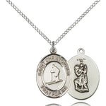 St. Christopher Skiing Medal, Sterling Silver, Medium - 18&quot; 1.2mm Sterling Silver Chain + Clasp