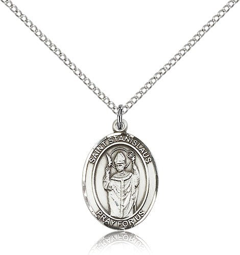 St. Stanislaus Medal, Sterling Silver, Medium - 18&quot; 1.2mm Sterling Silver Chain + Clasp