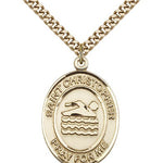 St. Christopher Swimming Medal, Gold Filled, Large - 24&quot; 2.4mm Gold Plated Chain + Clasp