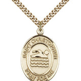 St. Christopher Swimming Medal, Gold Filled, Large - 24&quot; 2.4mm Gold Plated Chain + Clasp