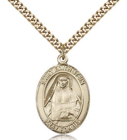 St. Edith Stein Medal, Gold Filled, Large - 24&quot; 2.4mm Gold Plated Chain + Clasp