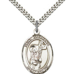 St. Stephanie Medal, Sterling Silver, Large - 24&quot; 2.4mm Rhodium Plate Chain + Clasp