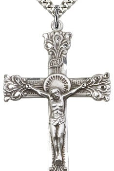 Crucifix Pendant, Sterling Silver - 24&quot; 2.4mm Rhodium Plate Endless Chain