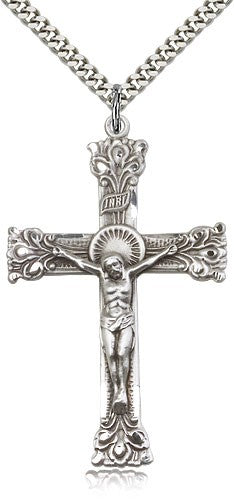 Crucifix Pendant, Sterling Silver - 24&quot; 2.4mm Rhodium Plate Endless Chain
