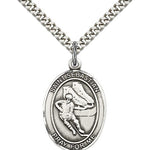 St. Sebastian Hockey Medal, Sterling Silver, Large - 24&quot; 2.4mm Rhodium Plate Chain + Clasp
