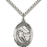 St. Sebastian Hockey Medal, Sterling Silver, Large - 24&quot; 2.4mm Rhodium Plate Chain + Clasp