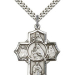 Mt Carmel 4 Way Cross Pendant, Sterling Silver - 24&quot; 2.4mm Rhodium Plate Endless Chain