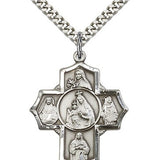 Mt Carmel 4 Way Cross Pendant, Sterling Silver - 24&quot; 2.4mm Rhodium Plate Endless Chain