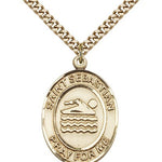 St. Sebastian Swimming Medal, Gold Filled, Large - 24&quot; 2.4mm Gold Plated Chain + Clasp