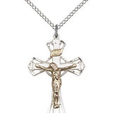 Crucifix Pendant, Two-Tone - 18&quot; 1.2mm Sterling Silver Chain + Clasp