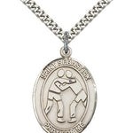 St. Sebastian Wrestling Medal, Sterling Silver, Large - 24&quot; 2.4mm Rhodium Plate Chain + Clasp