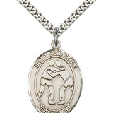 St. Sebastian Wrestling Medal, Sterling Silver, Large - 24&quot; 2.4mm Rhodium Plate Chain + Clasp