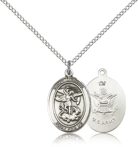 St. Michael Army Medal, Sterling Silver, Medium - 18&quot; 1.2mm Sterling Silver Chain + Clasp