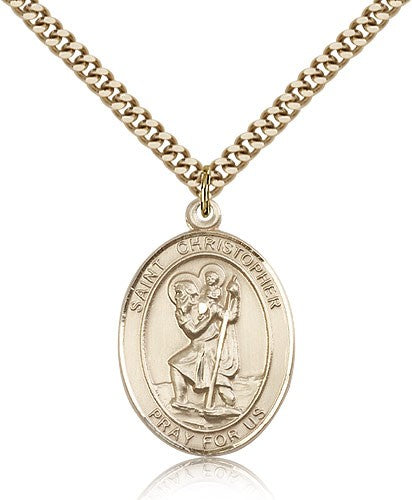 St. Christopher Medal, Gold Filled, Large - 24&quot; 2.4mm Gold Plated Chain + Clasp