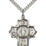 5 Way Cross Motherhood Medal, Sterling Silver - 24&quot; 2.4mm Rhodium Plate Endless Chain