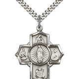 5 Way Cross Motherhood Medal, Sterling Silver - 24&quot; 2.4mm Rhodium Plate Endless Chain