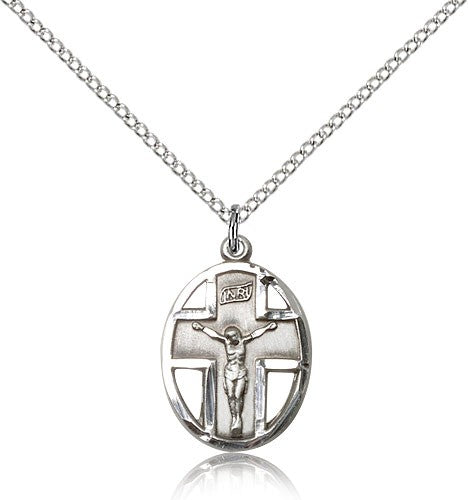 Crucifix Pendant, Sterling Silver - 18&quot; 1.2mm Sterling Silver Chain + Clasp