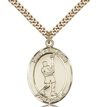 St. Sebastian Lacrosse Medal, Gold Filled, Large - 24&quot; 2.4mm Gold Plated Chain + Clasp