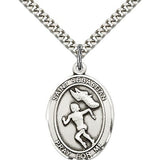 St. Sebastian Track and Field Medal, Sterling Silver, Large - 24&quot; 2.4mm Rhodium Plate Chain + Clasp