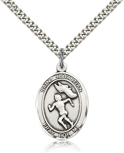 St. Sebastian Track and Field Medal, Sterling Silver, Large - 24&quot; 2.4mm Rhodium Plate Chain + Clasp