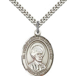 St. Louis Marie De Montfort Medal, Sterling Silver, Large - 24&quot; 2.4mm Rhodium Plate Chain + Clasp