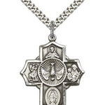 Men's Sterling Silver 5 Way Cross with Dove Pendant - 24&quot; 2.4mm Rhodium Plate Endless Chain