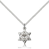 Star of David with Cross Pendant, Sterling Silver - 18&quot; 1.2mm Sterling Silver Chain + Clasp