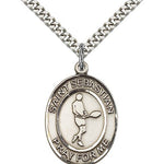 St. Sebastian Tennis Medal, Sterling Silver, Large - 24&quot; 2.4mm Rhodium Plate Chain + Clasp