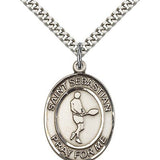 St. Sebastian Tennis Medal, Sterling Silver, Large - 24&quot; 2.4mm Rhodium Plate Chain + Clasp