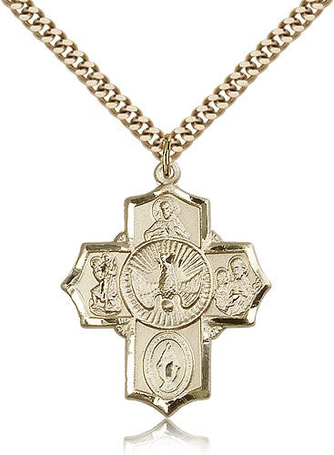 5 Way Cross Pendant, Gold Filled - 24&quot; 2.4mm Gold Plated Endless Chain