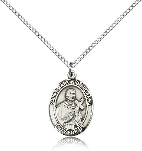 St. Martin De Porres Medal, Sterling Silver, Medium - 18&quot; 1.2mm Sterling Silver Chain + Clasp