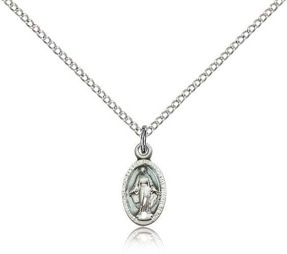 Miraculous Medal, Sterling Silver - 18&quot; 1.2mm Sterling Silver Chain + Clasp