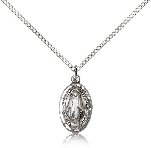 Miraculous Medal, Sterling Silver - 18&quot; 1.2mm Sterling Silver Chain + Clasp