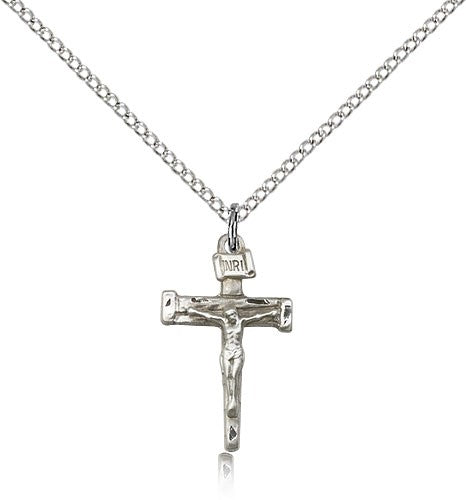 Nail Crucifix Pendant, Sterling Silver - 18&quot; 1.2mm Sterling Silver Chain + Clasp