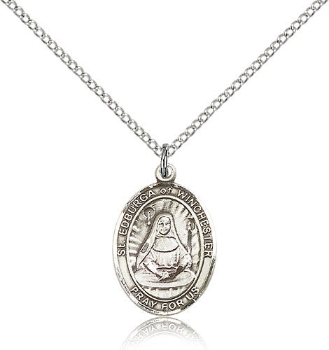 St. Edburga of Winchester Medal, Sterling Silver, Medium - 18&quot; 1.2mm Sterling Silver Chain + Clasp